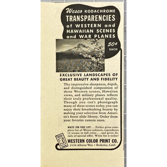 Western Color Print Co. "Wesco Transparencies West-Hawaii-War Planes"Vtg Ad 1943 - Picture 1 of 3